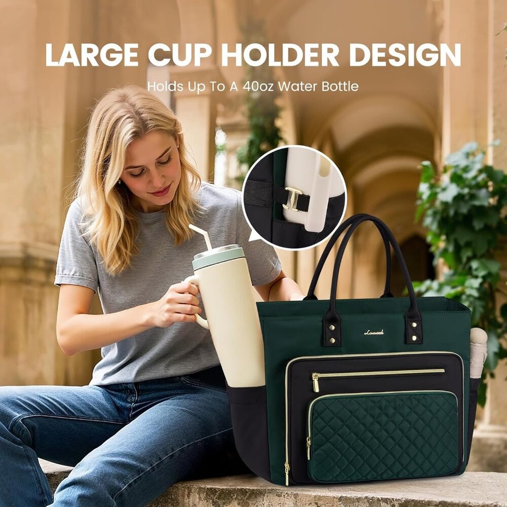 Laptop Tote Bag for Women With Large Cup Holder, Work Bags Teacher Nurse Compute - Picture 5 of 9